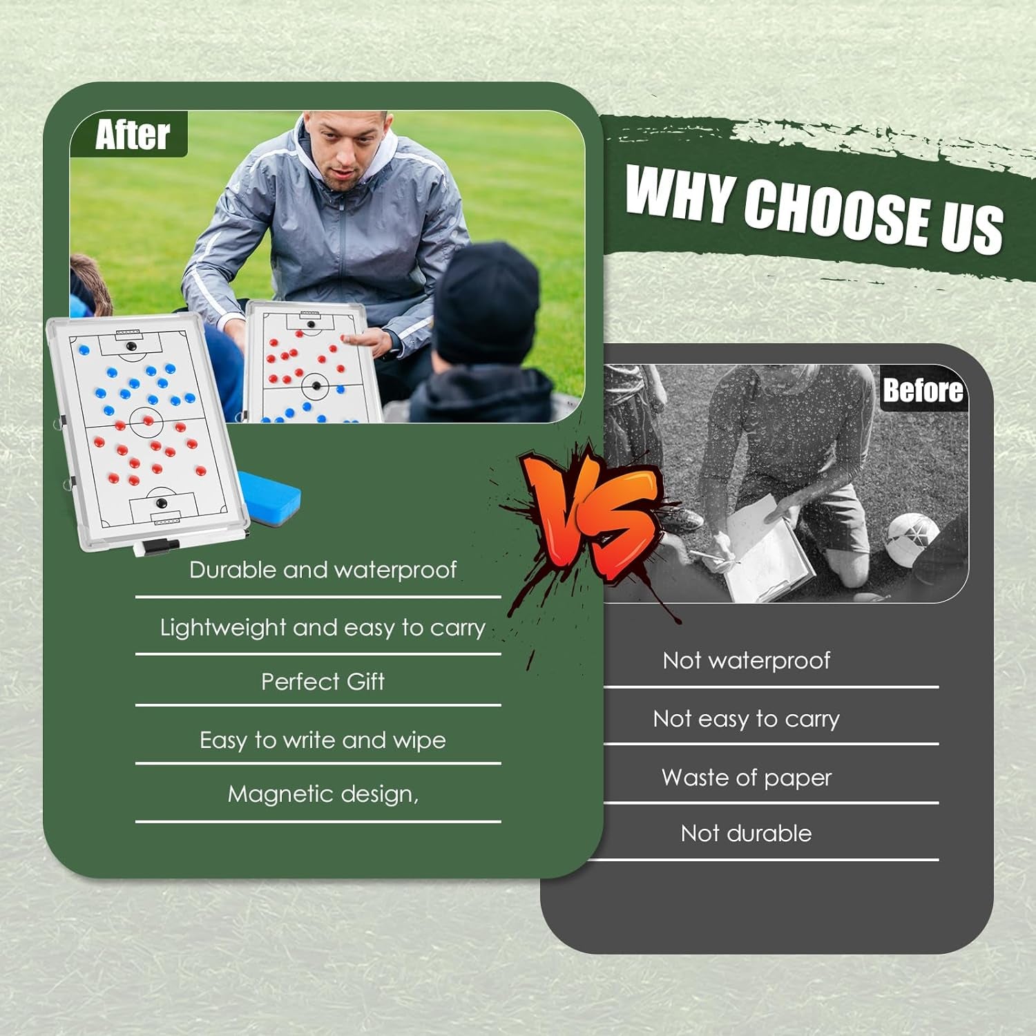 Magnetic Soccer Coaching Clipboard with Chess Pieces Pen - Portable Dry Erase Tactical Board for Soccer Training Strategies