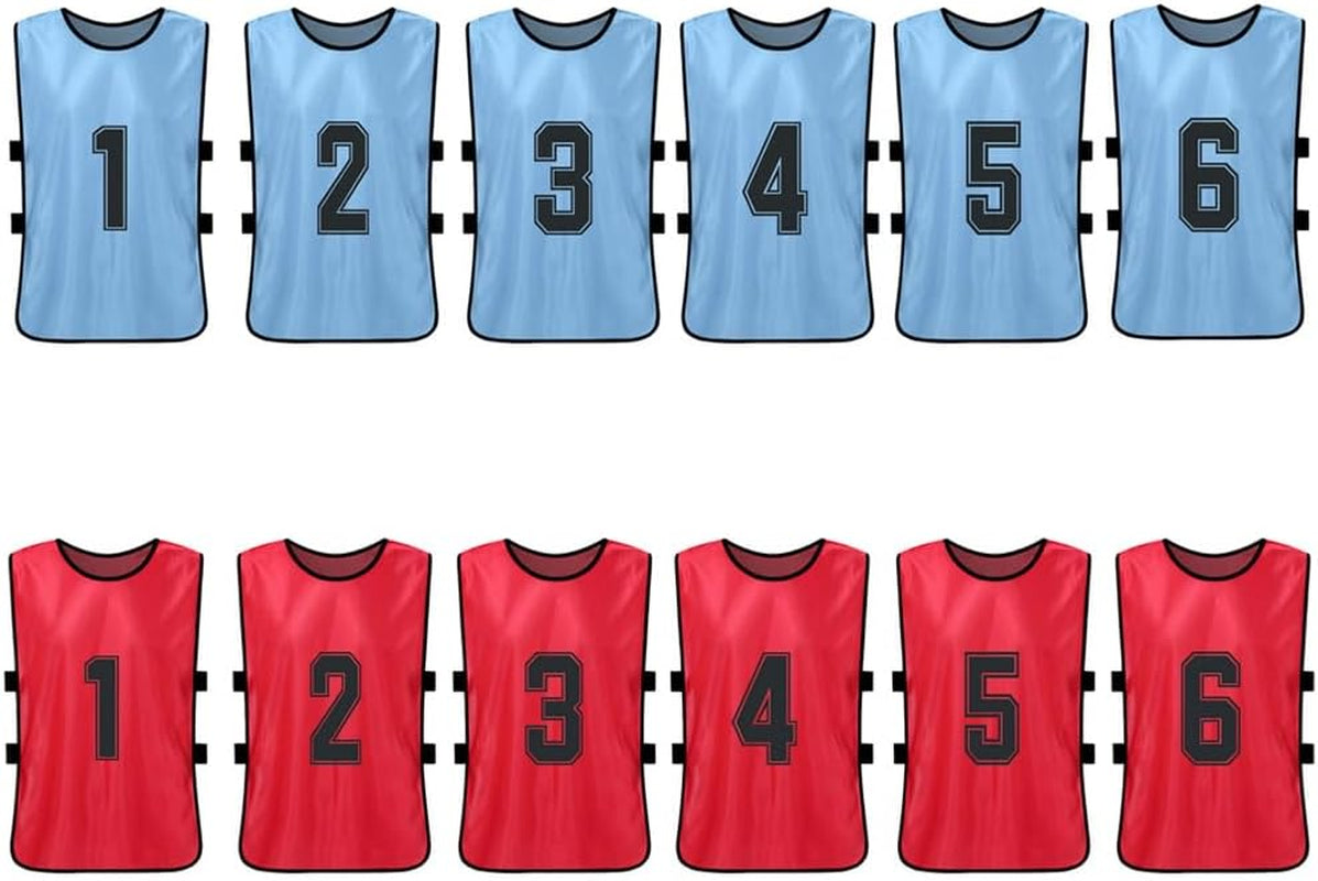 12-Pack Youth Sports Pinnies - Quick-Drying Soccer Jerseys in Red and Sky Blue for Scrimmage and Training, Numbered Practice Vests