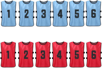 12-Pack Youth Sports Pinnies - Quick-Drying Soccer Jerseys in Red and Sky Blue for Scrimmage and Training, Numbered Practice Vests