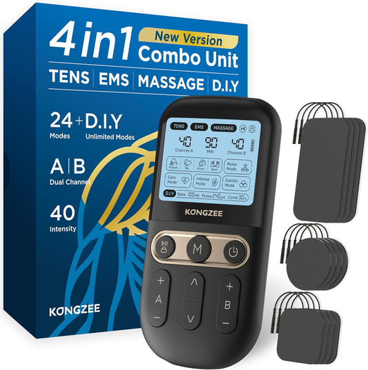 4-in-1 Rechargeable Electronic Pulse Massager: D.I.Y, TENS Unit, EMS, and Muscle Stimulator Therapy Machine with Dual Channel and 12 Electrode Pads for Foot and Back Relief