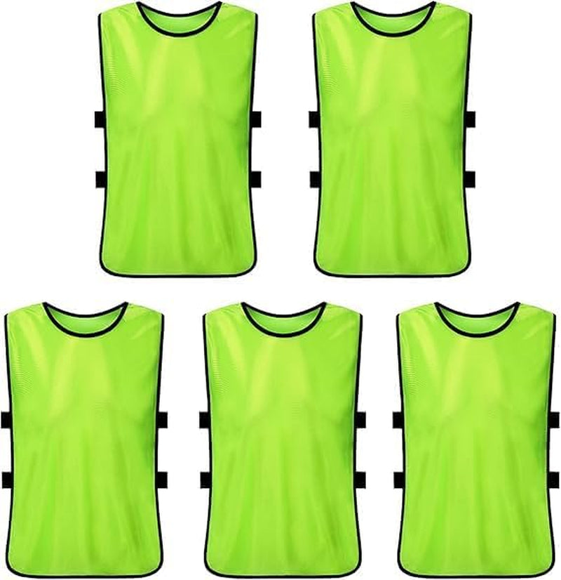 High Visibility Mesh Sports Training Bibs, 5-Pack Adult Sleeveless Practice Jerseys in Neon Green