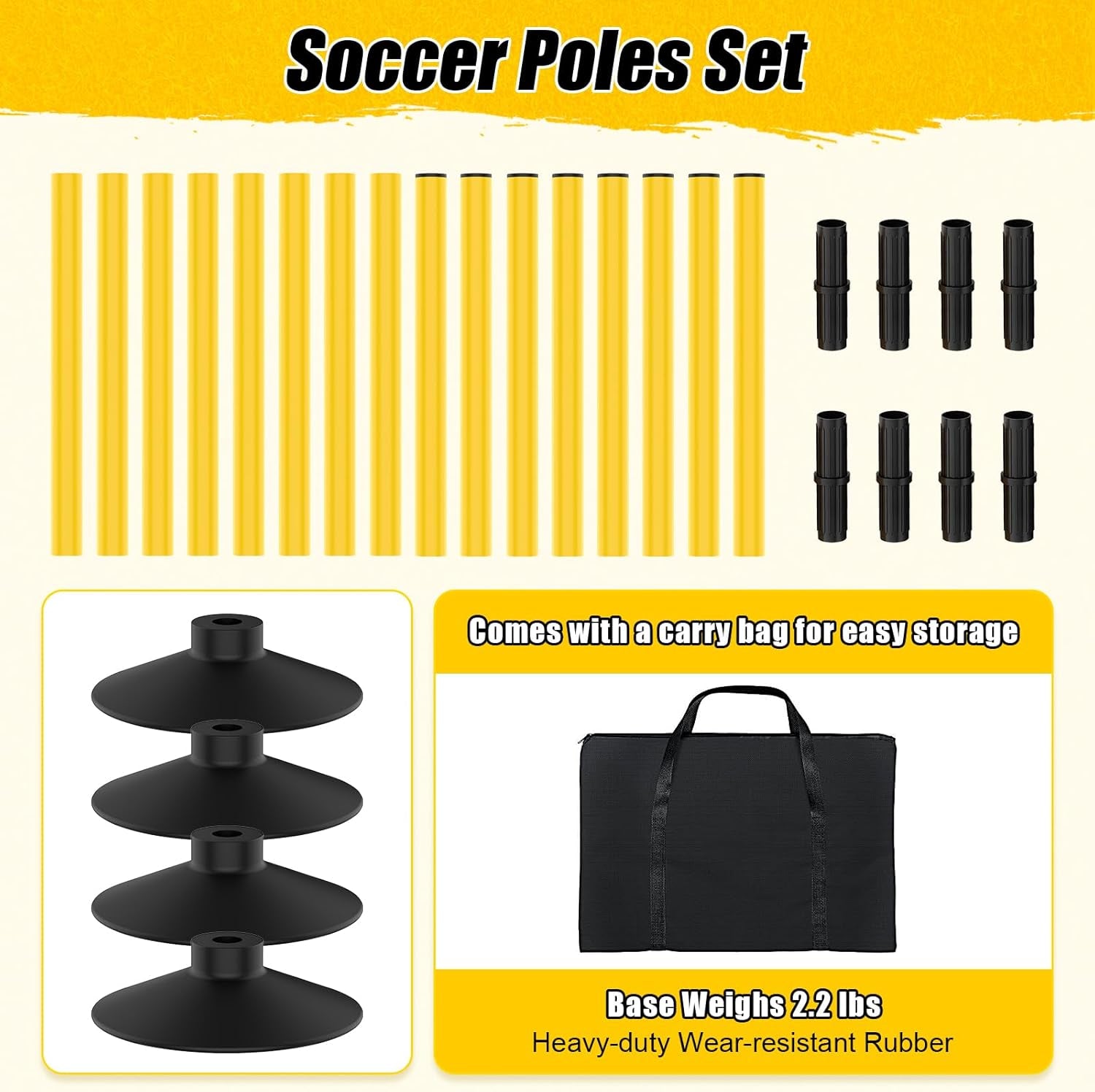 Agility Training Poles Set of 4, 18FT Soccer Training Equipment with 16 Detachable Sections (35cm Each), Durable Rubber Base for Enhanced Speed and Agility in Soccer, Football, and Fitness Activities