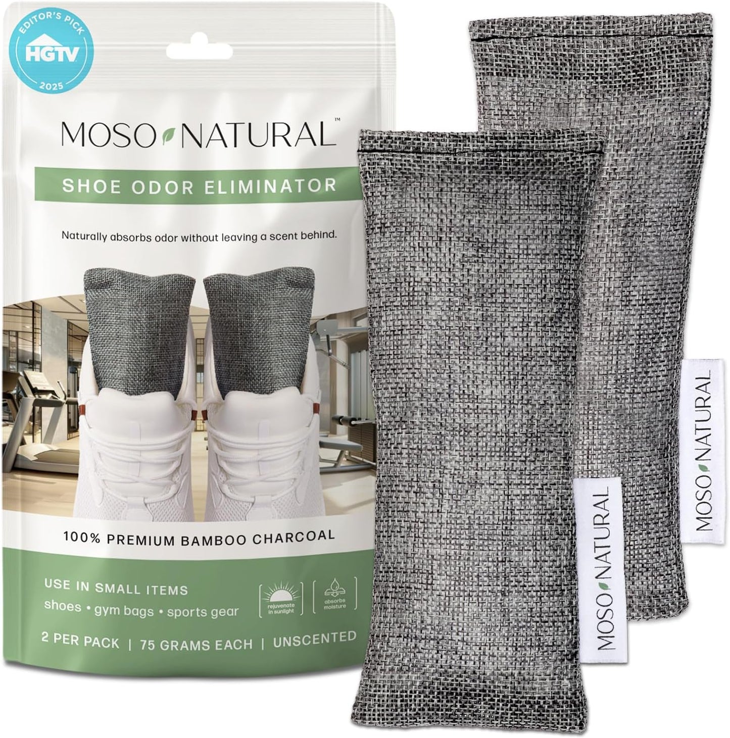 Charcoal Shoe Deodorizer Inserts | Unscented Odor Absorbers for Footwear and Gym Bags | Air Purifying Bags (Set of Two)