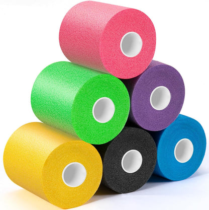 Upgraded 6-Pack Multi-Color Pre-Wrap Athletic Tape for Sports and Hair - Includes Pink, Black, Blue, Purple, Green, and Yellow