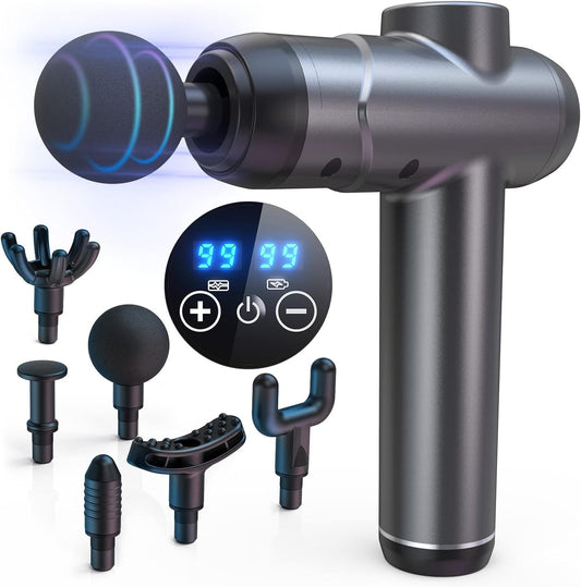 Deep Tissue Electric Massage Gun with 6 Interchangeable Heads, 99 Adjustable Speeds, LCD Display, and Rechargeable Design for Muscle Pain Relief and Recovery