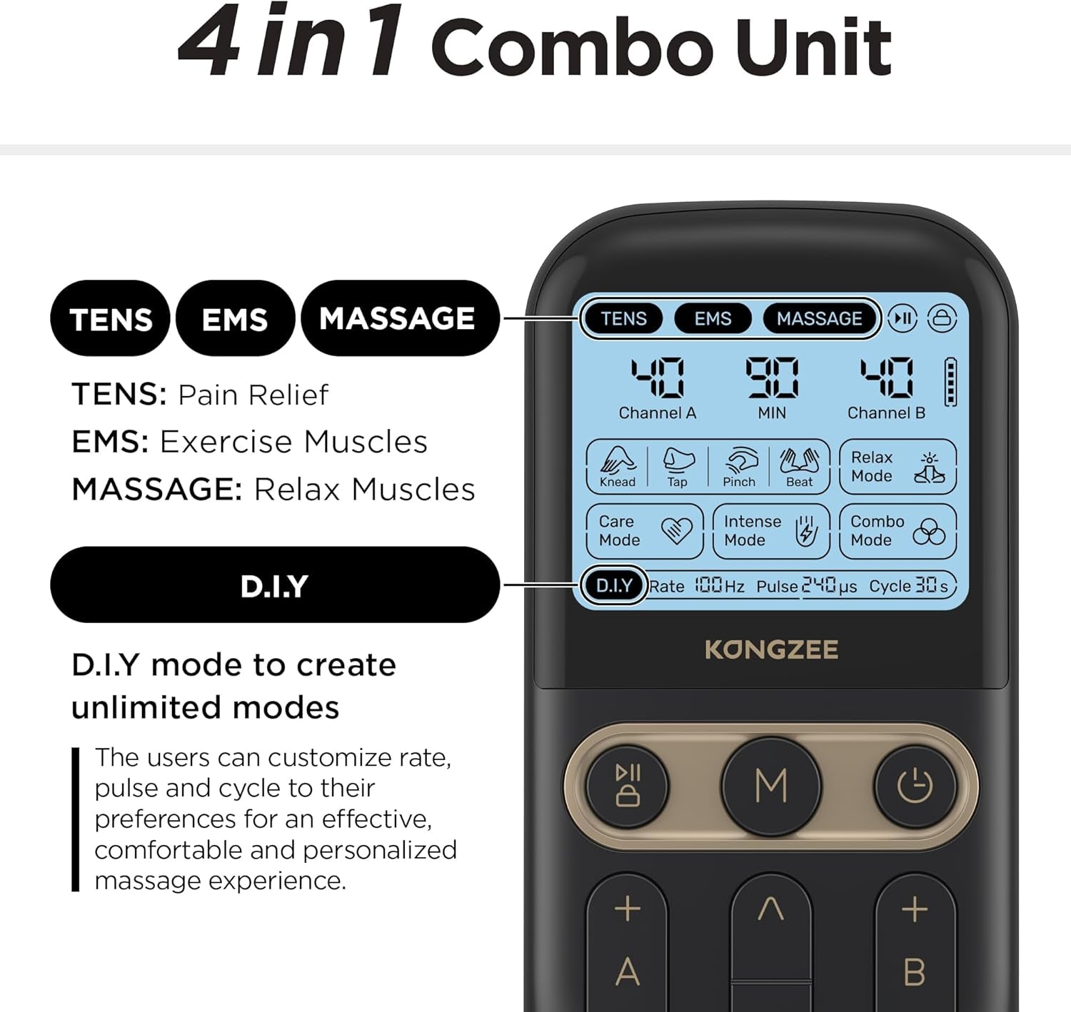 4-in-1 Rechargeable Electronic Pulse Massager: D.I.Y, TENS Unit, EMS, and Muscle Stimulator Therapy Machine with Dual Channel and 12 Electrode Pads for Foot and Back Relief