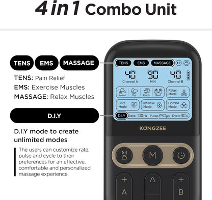 4-in-1 Rechargeable Electronic Pulse Massager: D.I.Y, TENS Unit, EMS, and Muscle Stimulator Therapy Machine with Dual Channel and 12 Electrode Pads for Foot and Back Relief