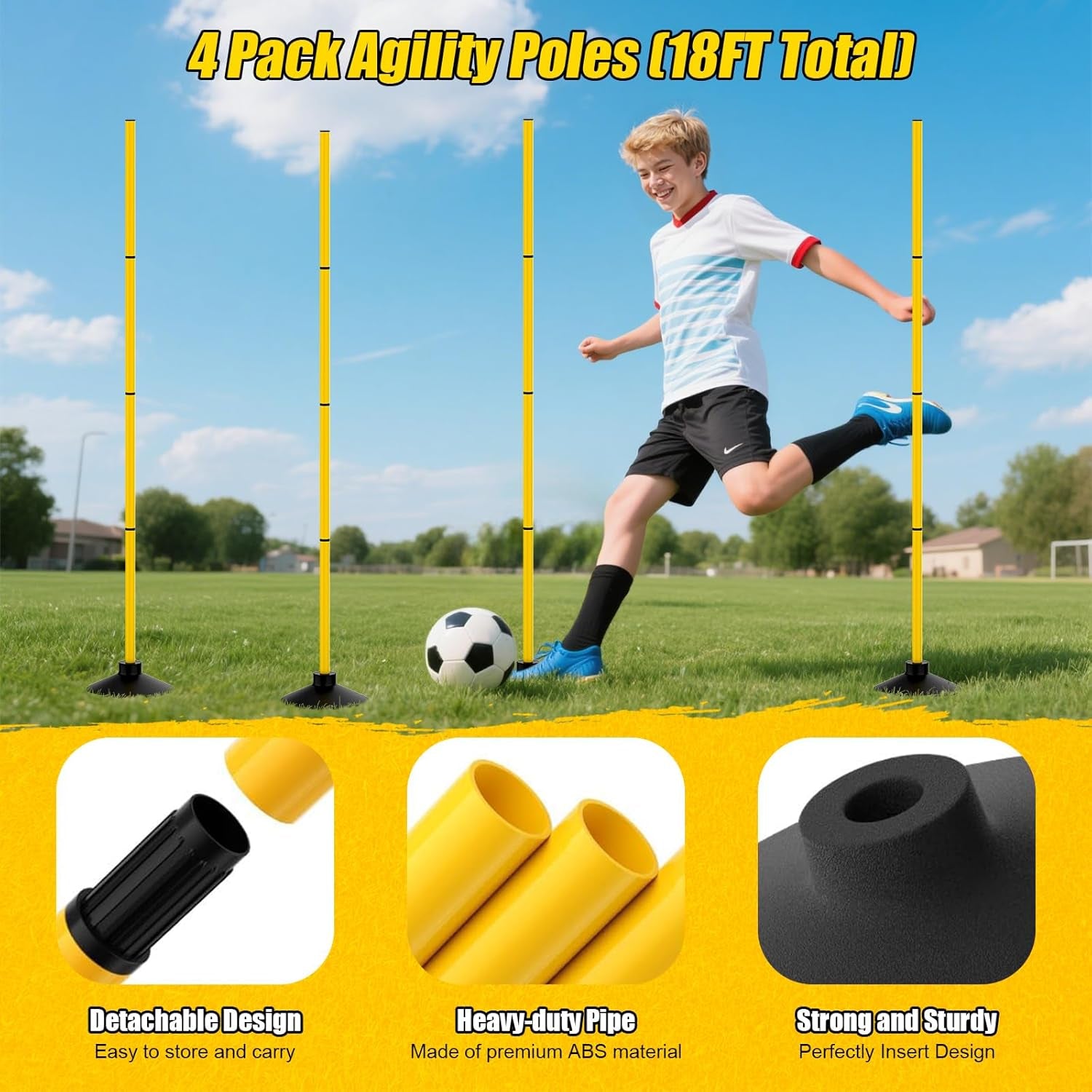 Agility Training Poles Set of 4, 18FT Soccer Training Equipment with 16 Detachable Sections (35cm Each), Durable Rubber Base for Enhanced Speed and Agility in Soccer, Football, and Fitness Activities