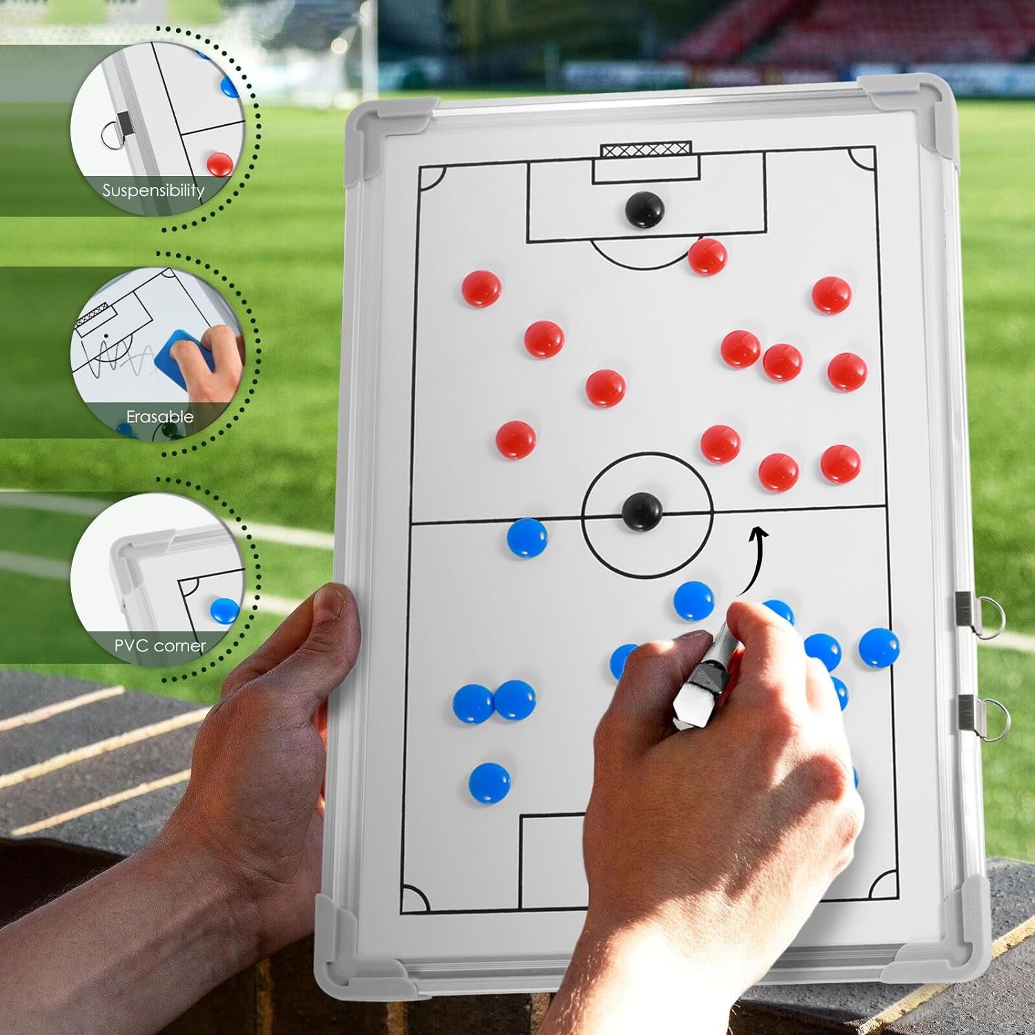 Magnetic Soccer Coaching Clipboard with Chess Pieces Pen - Portable Dry Erase Tactical Board for Soccer Training Strategies