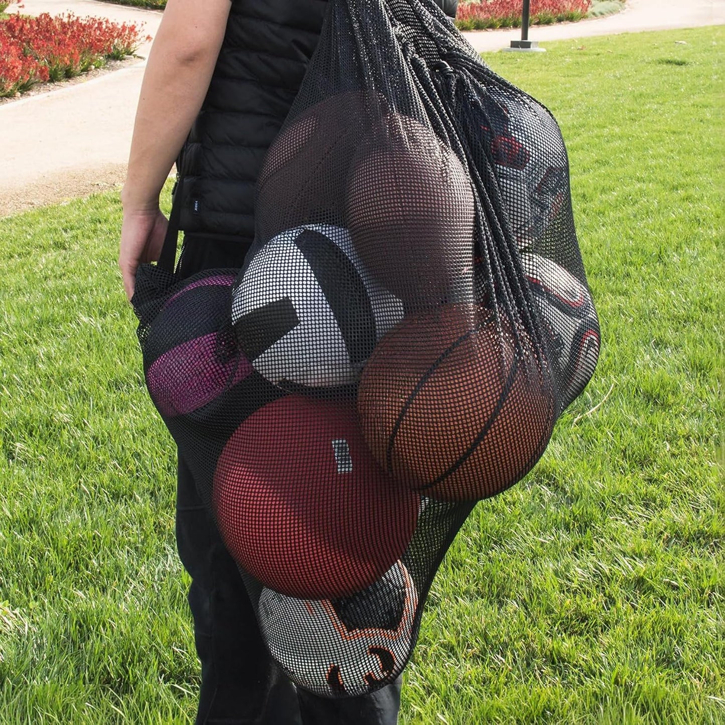 Extra Large Professional Sports Ball Bag with Drawstring Closure and Shoulder Strap - Black Mesh (30" x 40")
