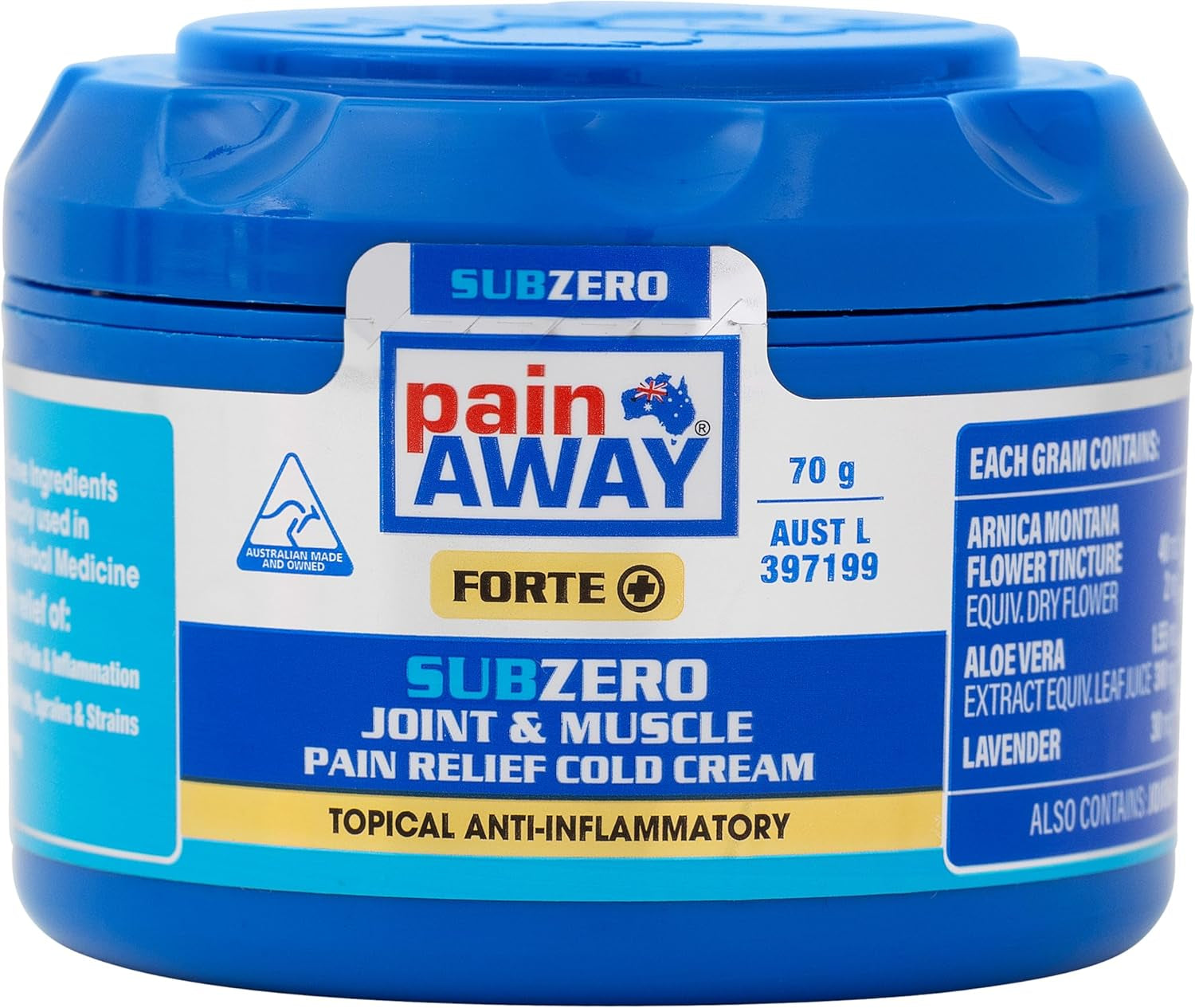 Forte+ Sub Zero Cold Cream 70g - Effective Relief for Mild Arthritis, Joint and Muscle Pain with Arnica, Menthol, Eucalyptus, Camphor, and Aloe Vera - Australia's Leading Topical Anti-inflammatory Brand - Non-Greasy, Fast-Absorbing Formula