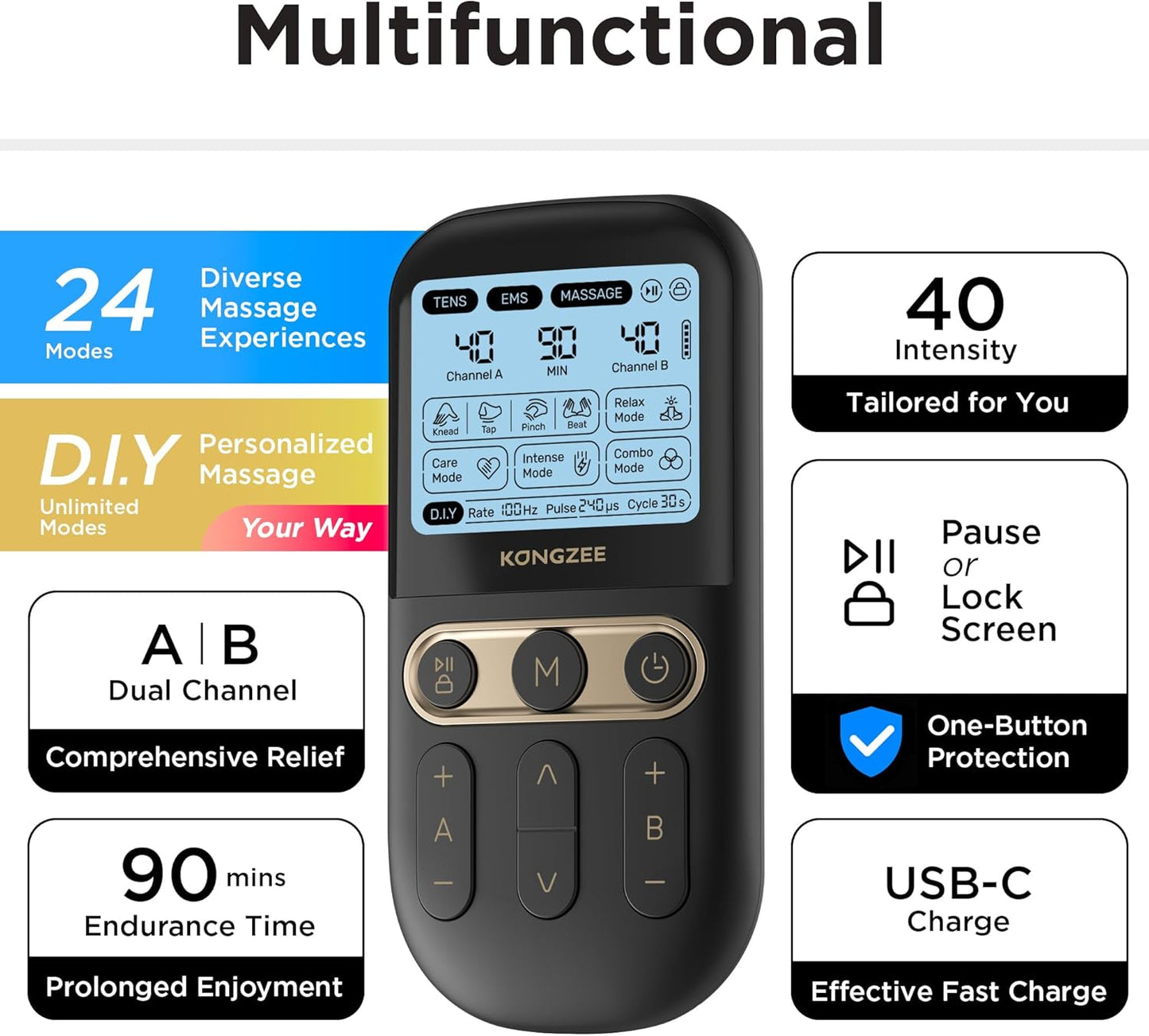 4-in-1 Rechargeable Electronic Pulse Massager: D.I.Y, TENS Unit, EMS, and Muscle Stimulator Therapy Machine with Dual Channel and 12 Electrode Pads for Foot and Back Relief