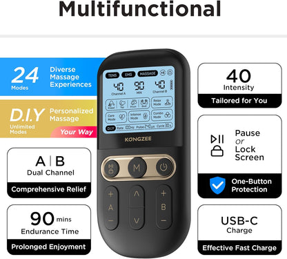 4-in-1 Rechargeable Electronic Pulse Massager: D.I.Y, TENS Unit, EMS, and Muscle Stimulator Therapy Machine with Dual Channel and 12 Electrode Pads for Foot and Back Relief