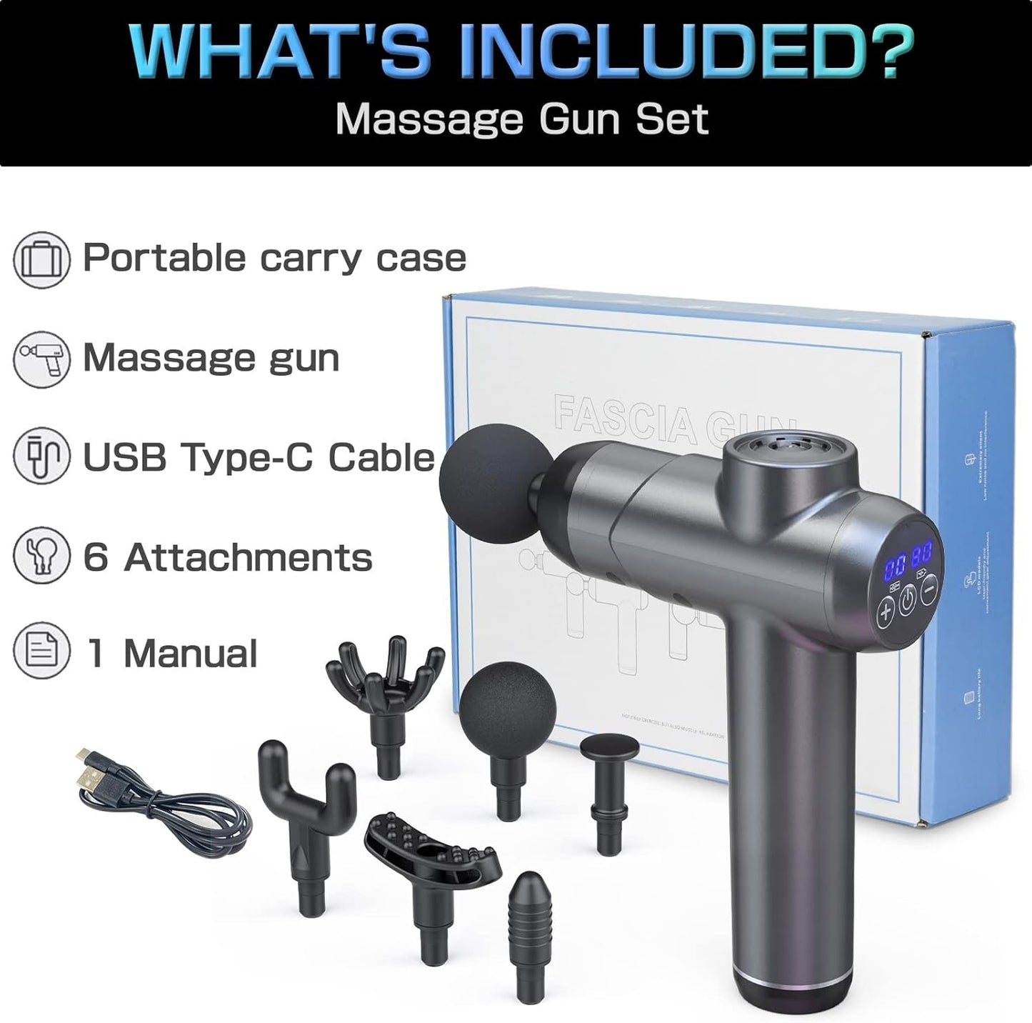 Deep Tissue Electric Massage Gun with 6 Interchangeable Heads, 99 Adjustable Speeds, LCD Display, and Rechargeable Design for Muscle Pain Relief and Recovery