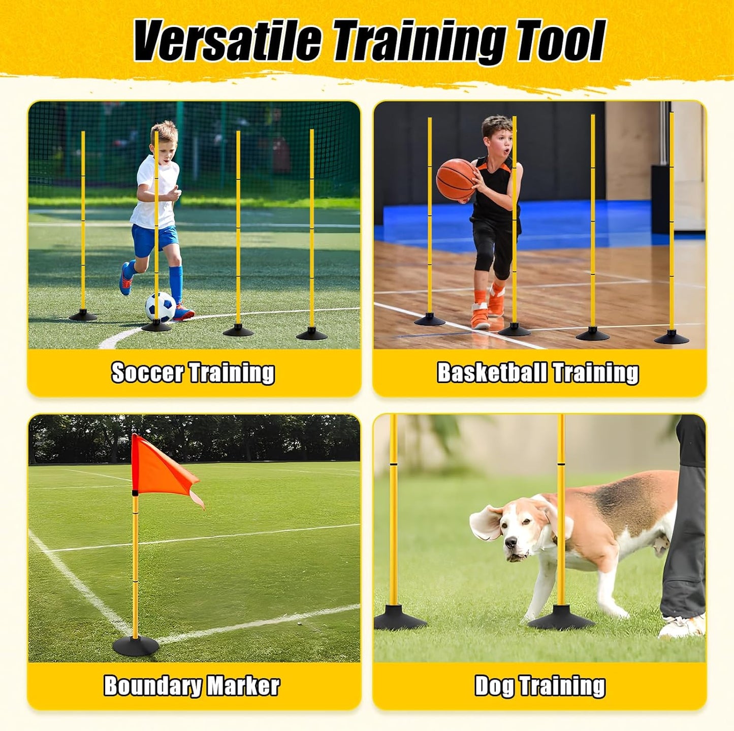 Agility Training Poles Set of 4, 18FT Soccer Training Equipment with 16 Detachable Sections (35cm Each), Durable Rubber Base for Enhanced Speed and Agility in Soccer, Football, and Fitness Activities