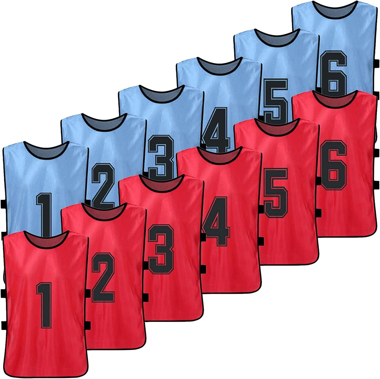 12-Pack Youth Sports Pinnies - Quick-Drying Soccer Jerseys in Red and Sky Blue for Scrimmage and Training, Numbered Practice Vests