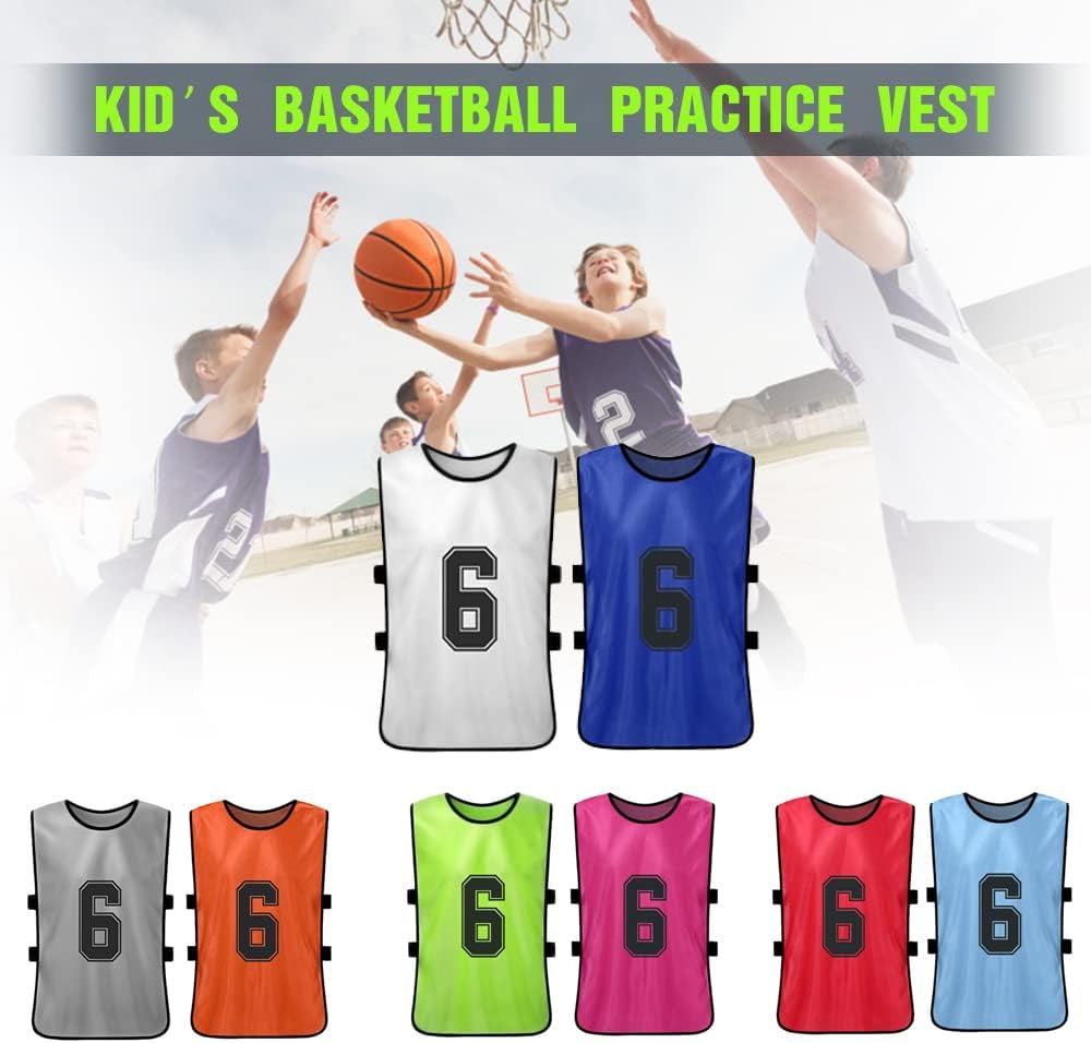 12-Pack Youth Sports Pinnies - Quick-Drying Soccer Jerseys in Red and Sky Blue for Scrimmage and Training, Numbered Practice Vests