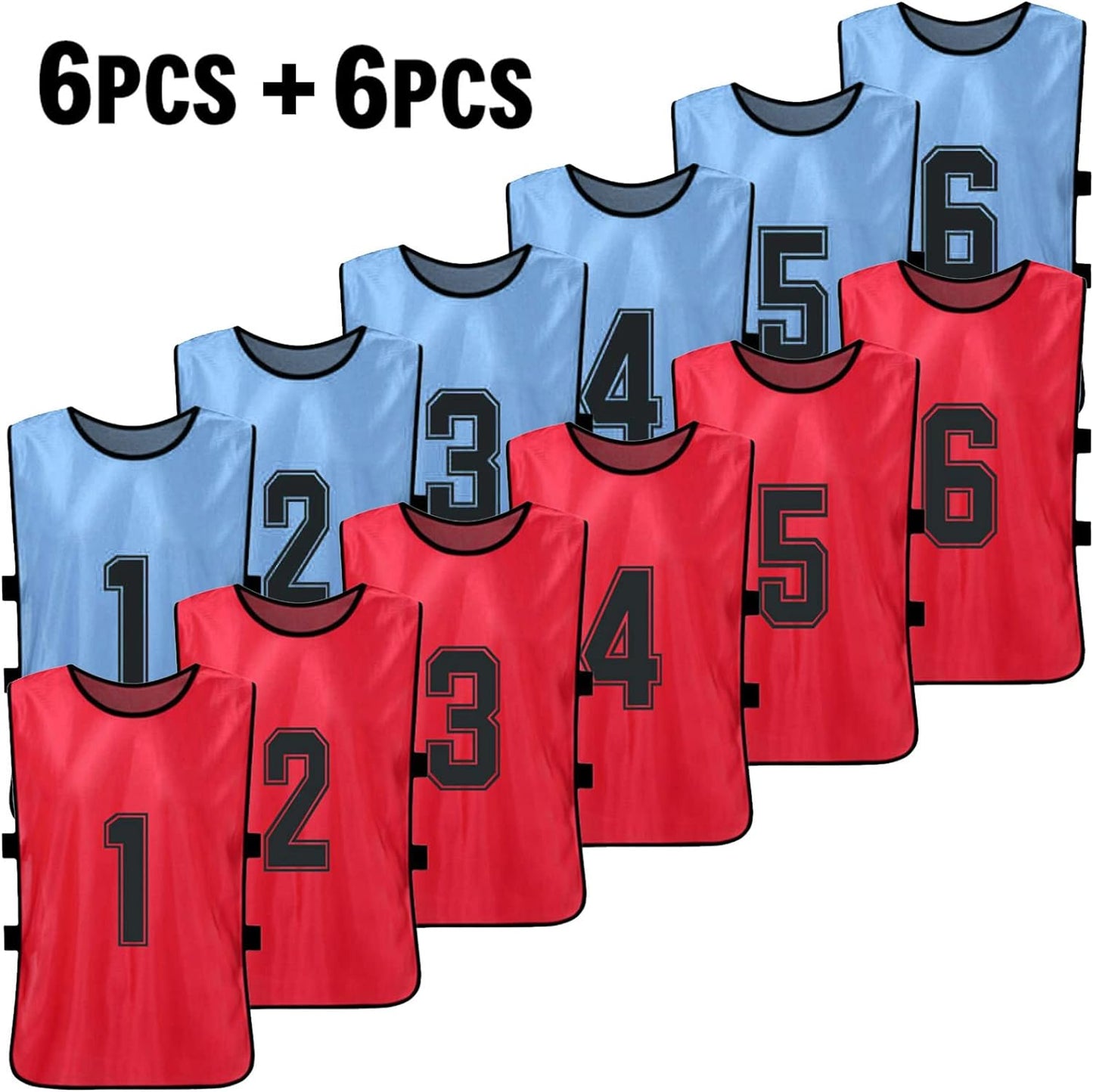 12-Pack Youth Sports Pinnies - Quick-Drying Soccer Jerseys in Red and Sky Blue for Scrimmage and Training, Numbered Practice Vests