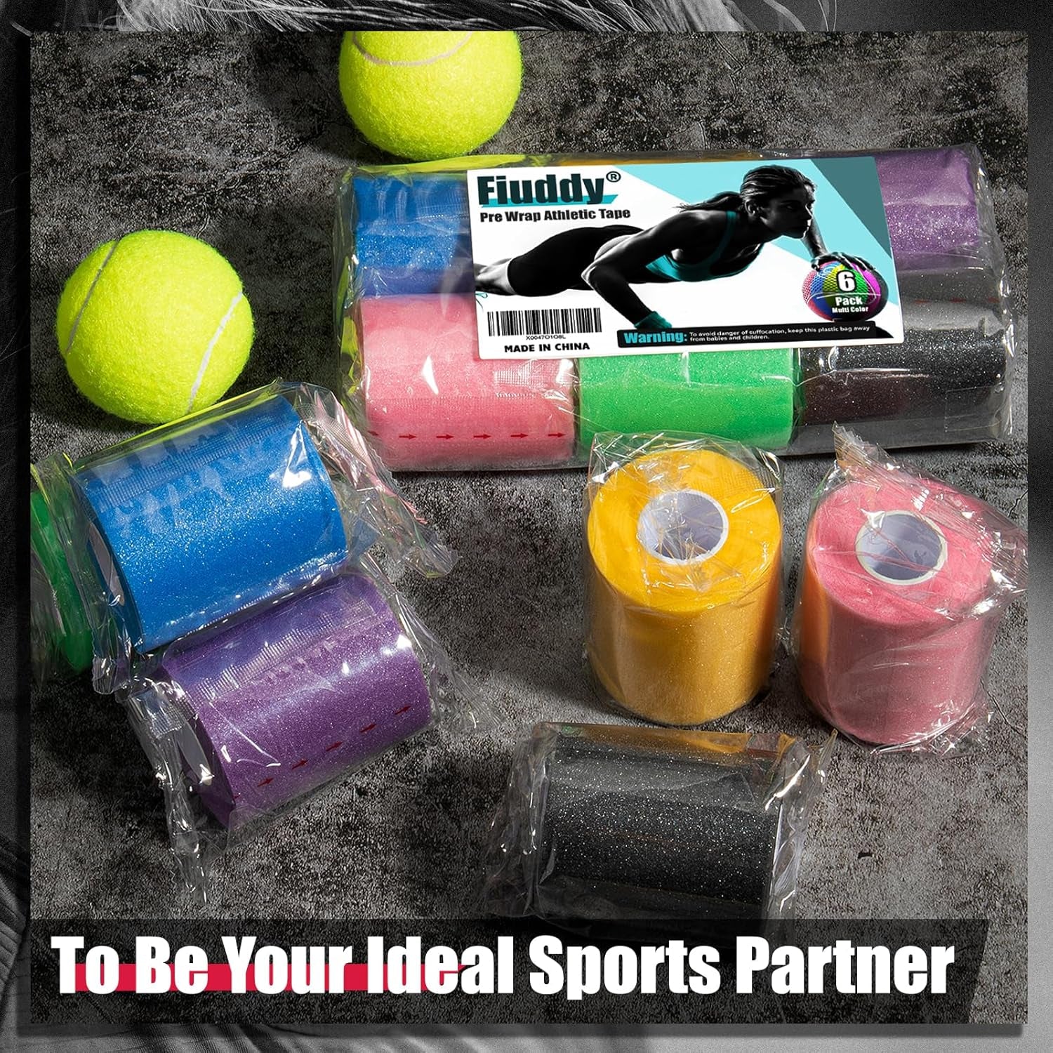 Upgraded 6-Pack Multi-Color Pre-Wrap Athletic Tape for Sports and Hair - Includes Pink, Black, Blue, Purple, Green, and Yellow