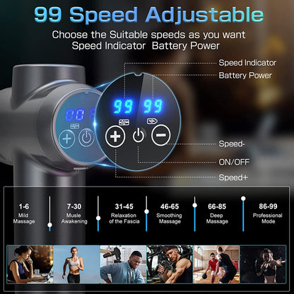 Deep Tissue Electric Massage Gun with 6 Interchangeable Heads, 99 Adjustable Speeds, LCD Display, and Rechargeable Design for Muscle Pain Relief and Recovery