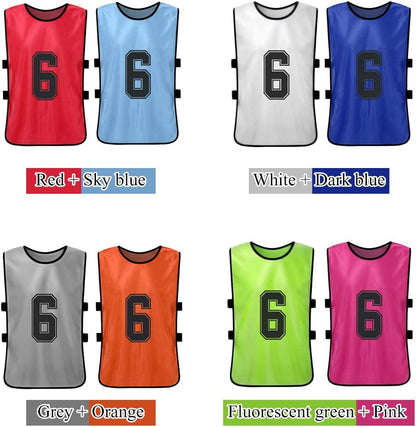12-Pack Youth Sports Pinnies - Quick-Drying Soccer Jerseys in Red and Sky Blue for Scrimmage and Training, Numbered Practice Vests